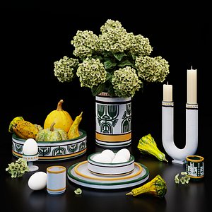 Ethno Tableware and Green Hydrangea 3D