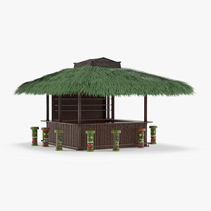 Bamboo Bar Counter with Shelving and Palm Roof Green model