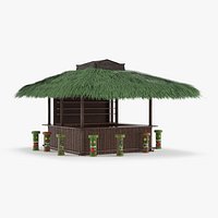 Bamboo Bar Counter with Shelving and Palm Roof Green