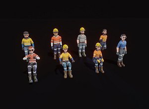 Stylized Male and Female Miner Animated Customizable Low-poly 3D model