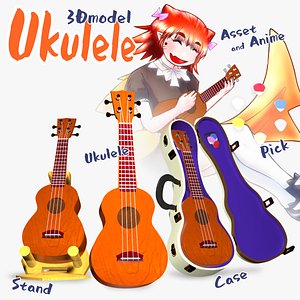3D Ukulele set with case and stand and pick model