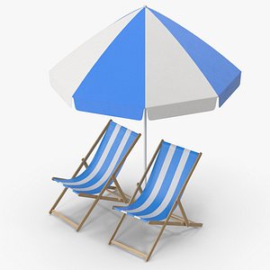 3D Blue Beach Chair And Umbrella