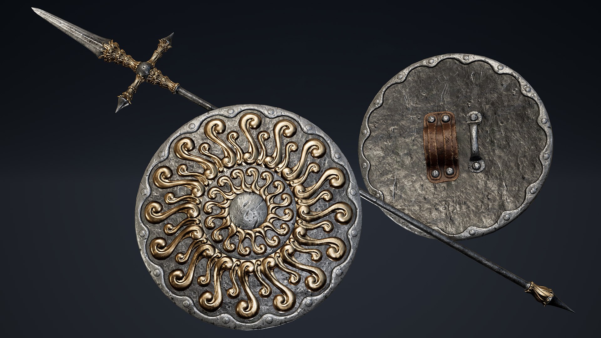 3D fantasy weapons packed model https://p.turbosquid.com/ts-thumb/e2/i08vqj/0V/longspear_bigroundshield_01/jpg/1607346494/1920x1080/fit_q87/c65f83fb4c6c513d253defe3e609766c55672438/longspear_bigroundshield_01.jpg