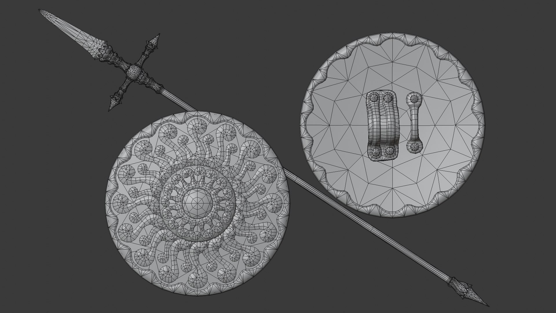 3D fantasy weapons packed model https://p.turbosquid.com/ts-thumb/e2/i08vqj/MJ/longspear_bigroundshield_wire/jpg/1607346493/1920x1080/fit_q87/213be7d58da25ae0b9e6984d961ba90854db49f8/longspear_bigroundshield_wire.jpg