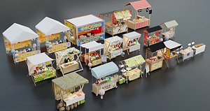 3D Colorful Street Market Stalls and Food Booth Collection 787
