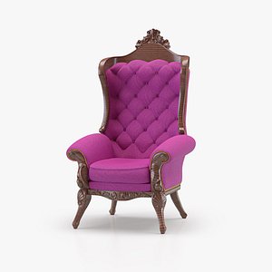 luxurious armchair with purple fabric and wood details and gold stones all around model