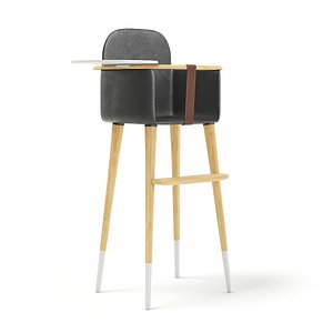 wooden feeding chair black leather 3D model