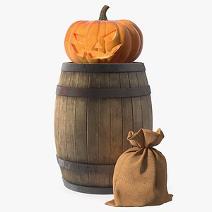 Pumpkin on Wooden Barrel with Sack 3D