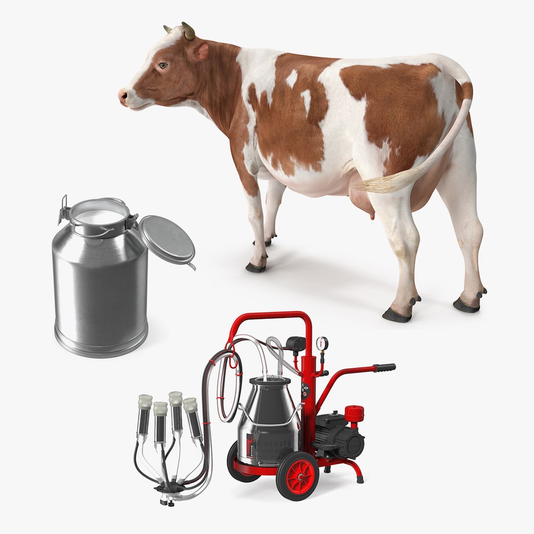 Milking Machine with Cow and Milk Bucket Collection 3D model preview