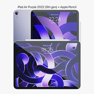 3D iPad Air 2022 Purple With Apple Pencil