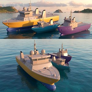 Ships Pack 3 In 1 - Low Poly Marine Supply - Ship Pack Industrial Vehicle 3D