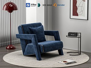 3D Modern Minimal Fabric Lounge Chair Full Decor Scene Set 3D Model