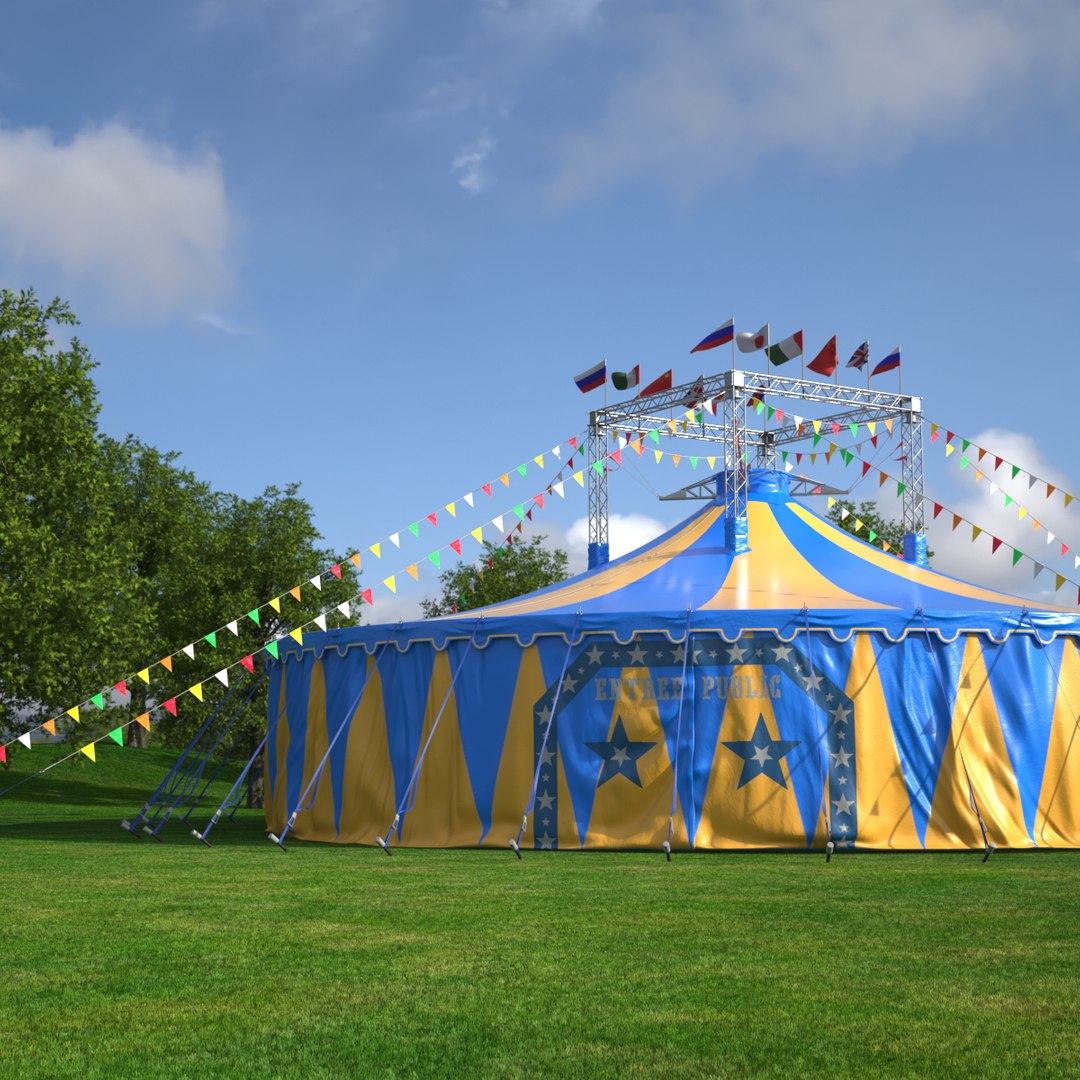 Circus Tent with Flags and Trees in Park with Fur 3D model preview