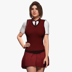 High School Girl Uniform Red Vest Realistic Student 3D model