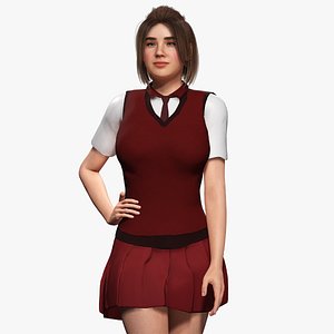High School Girl Uniform Red Vest Realistic Student
