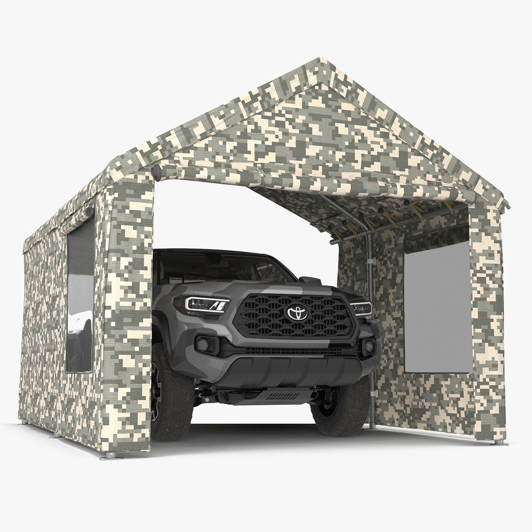Military Camouflage Tent Shelter with Toyota Tacoma Pickup 3D model preview