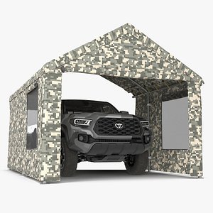 Military Camouflage Tent Shelter with Toyota Tacoma Pickup 3D model