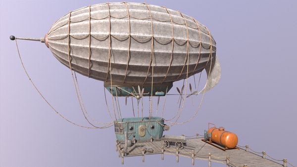 A low-poly 3D model of an airship in the port 3D