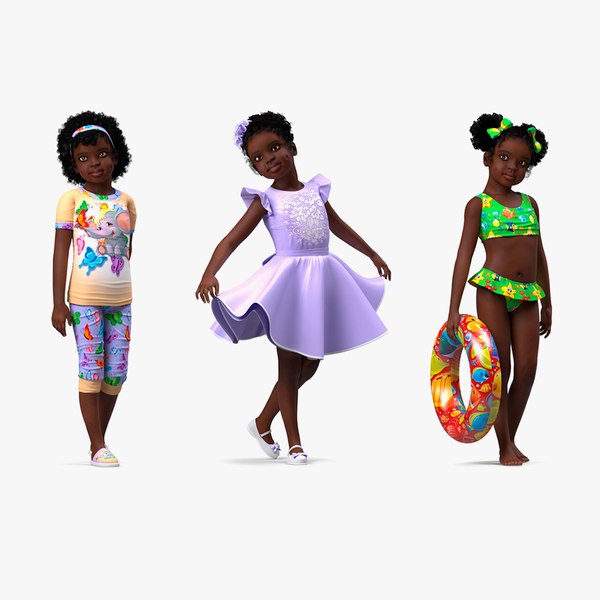 3D Black Child Girls Rigged Collection model