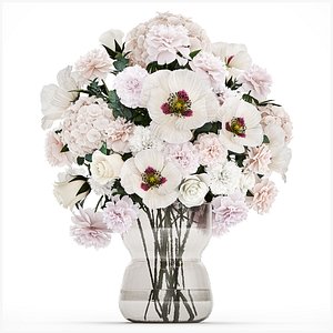 bouquet of white flowers in vase poppy hydrangea peony 459 3D model