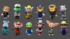 Cartoon characters  animals 2 02  in professional costumes 3D model