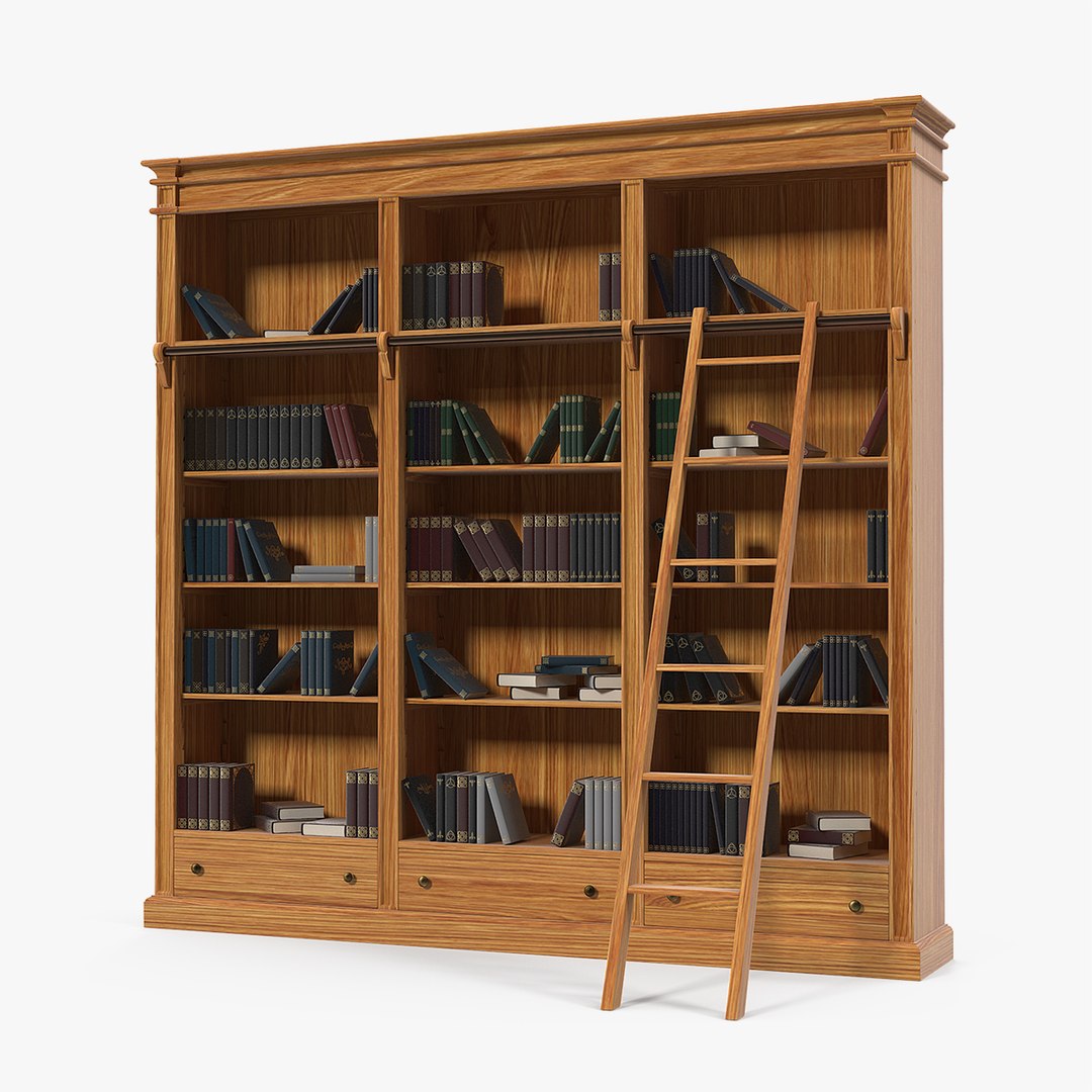 Wood Library Bookcase with Books 3D model preview
