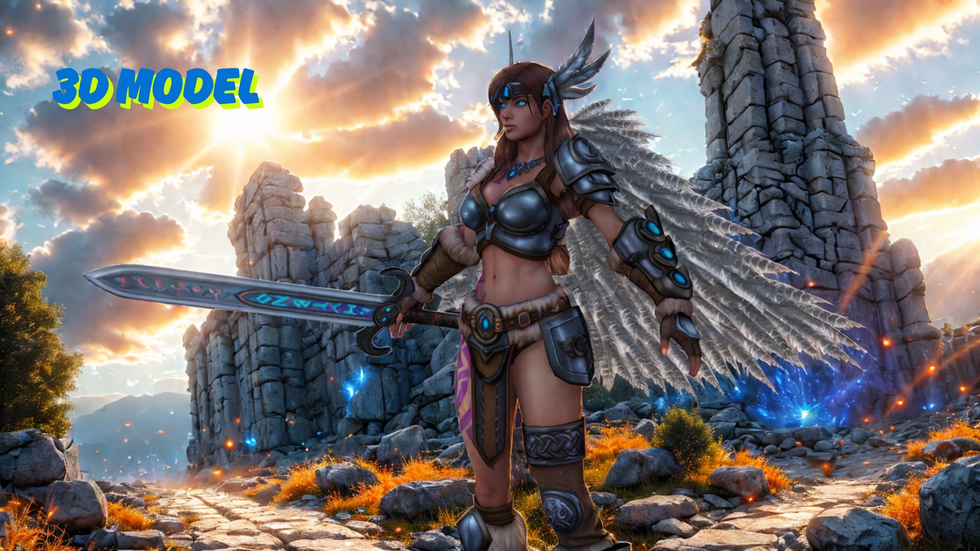 3D Model Fantasy Female Warrior With Wings Rune Sword Game-Ready 3D ...