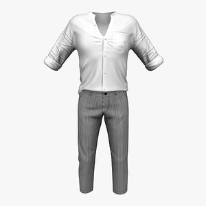 Striped Skinny Pants Loose Tucked In Standing Collar White Shirt Outfit 3D model
