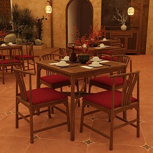 3D model Luxury Asian Dining Set - Slatted Square Table and 4 Spindle Chairs