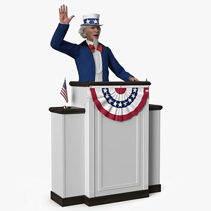 3D model Uncle Sam Speaking Behind USA Flag Podium