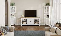 White Tall Storage Cabinet with Glass  Carved Doors  Living Room Display Bookcase