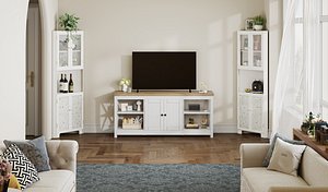 White Tall Storage Cabinet with Glass Carved Doors Living Room Display Bookcase