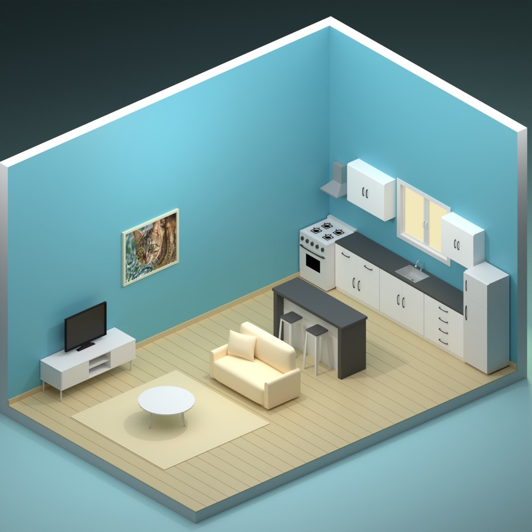 Simple Isometric Living Room With Kitchenette 3D Model - TurboSquid 2390889