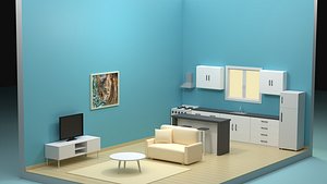 Simple isometric living room with kitchenette 3D model