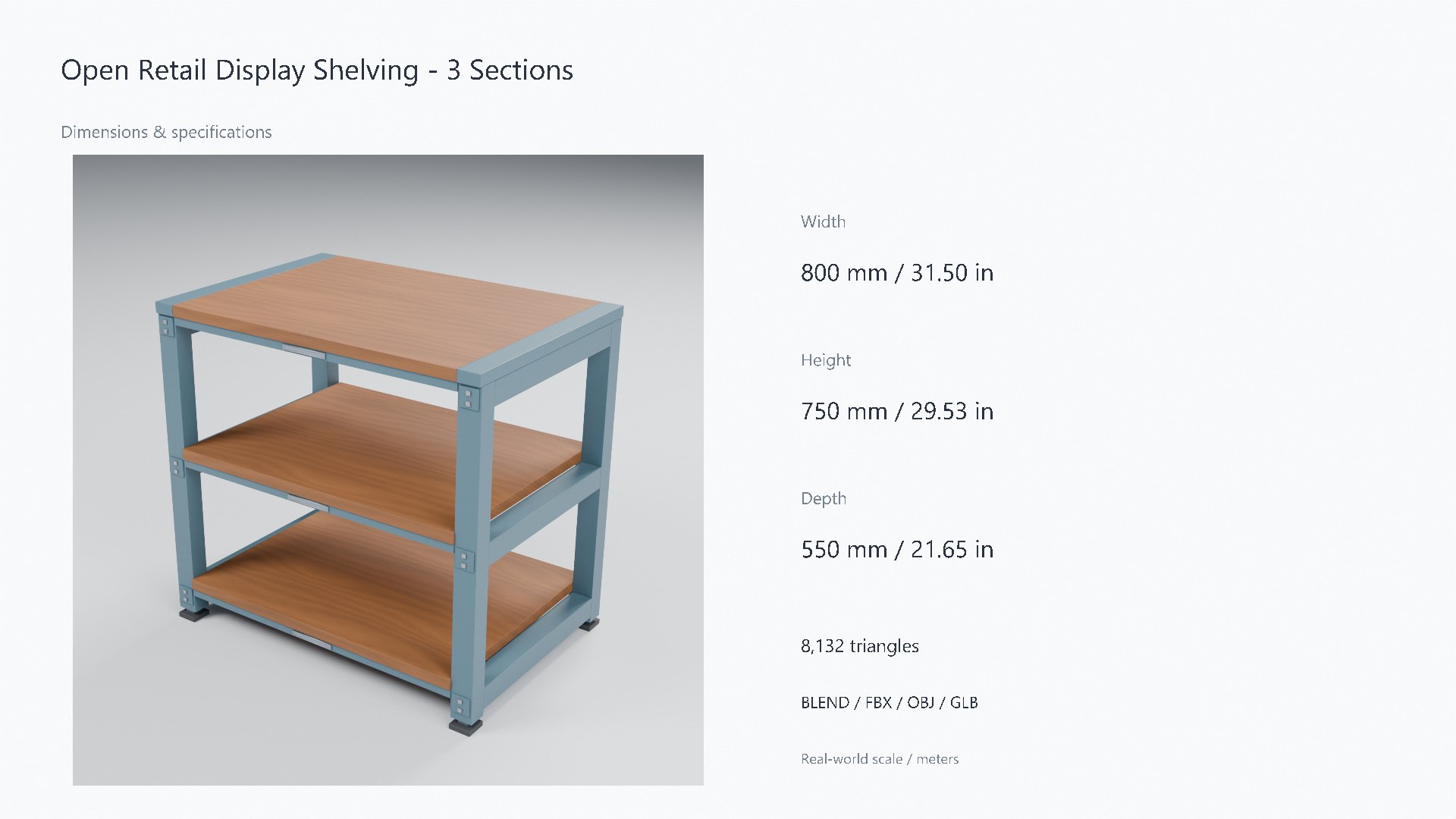 Wood and Steel Retail Display Shelving - 800 x 550 x 750 mm 3D model https://p.turbosquid.com/ts-thumb/eL/8t4NC6/YK/07_dimensions/jpg/1788947946/1920x1080/fit_q87/fb2c35f60a142a861a4ff83d5e9f1491b2bf55ce/07_dimensions.jpg