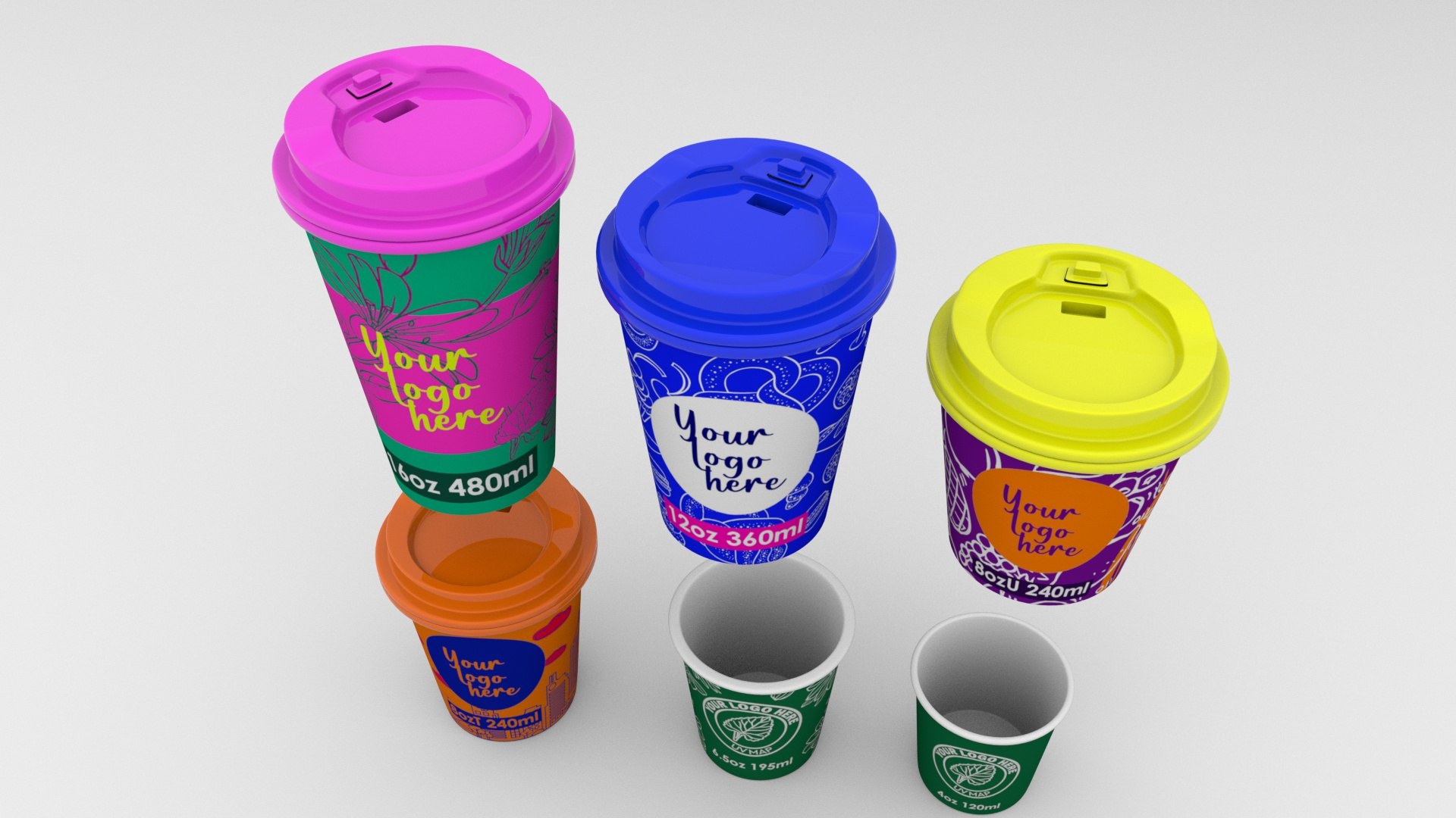 3D Paper Coffee Cup Set With Customize Logo Label Model - TurboSquid ...