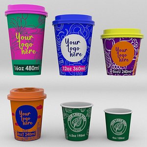 3D Paper Coffee Cup set with customize logo label model