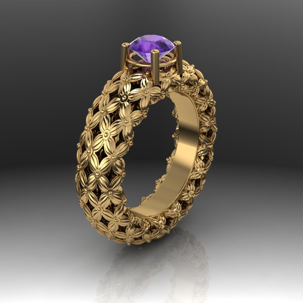 3D Floral Patterned Gold Ring with Purple Stone
