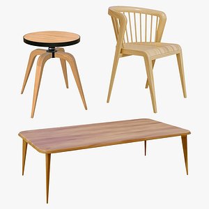 Wooden Chair With Coffee Table Stool 3D model