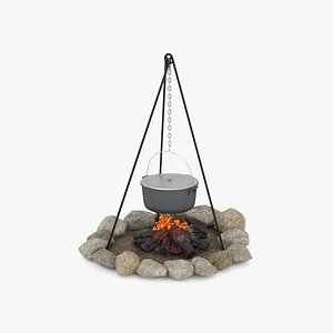 Campfire with Tripod and Cooking Pot 3D, Incl. food & fire - Envato Elements