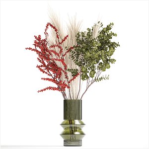 bouquet of dried flowers vase reed grass branches Red berries 313 3D model