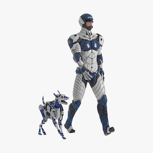 3D Sci Fi Cop with Robotic Dog Rigged for Cinema 4D