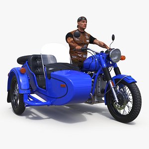 Biker on Retro Classic Blue Motorcycle with Sidecar
