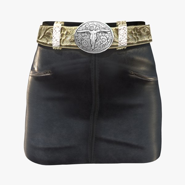 3D Cowgirl Western Mini Black Leather Skirt With Gold Embossed Belt model