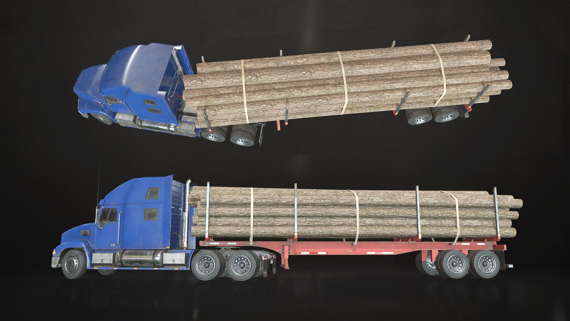 Semi Truck Log Trailer - Low Poly 3D model https://p.turbosquid.com/ts-thumb/eU/43dqIv/0g/semitruckloggingtrailer_09/png/1627726719/1920x1080/fit_q87/b1fcdcc91a08aec9c7cfcc3630006a7601fd325f/semitruckloggingtrailer_09.jpg