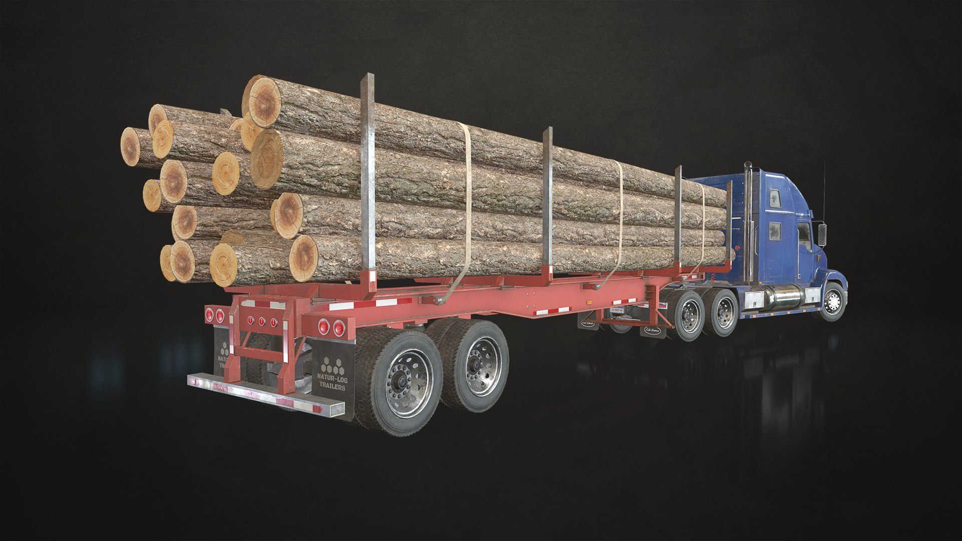 Semi Truck Log Trailer - Low Poly 3D model https://p.turbosquid.com/ts-thumb/eU/43dqIv/Lk/semitruckloggingtrailer_07/png/1627726715/1920x1080/fit_q87/4c8f6a986d3d3661b03443c212c1256b97fc4c8b/semitruckloggingtrailer_07.jpg