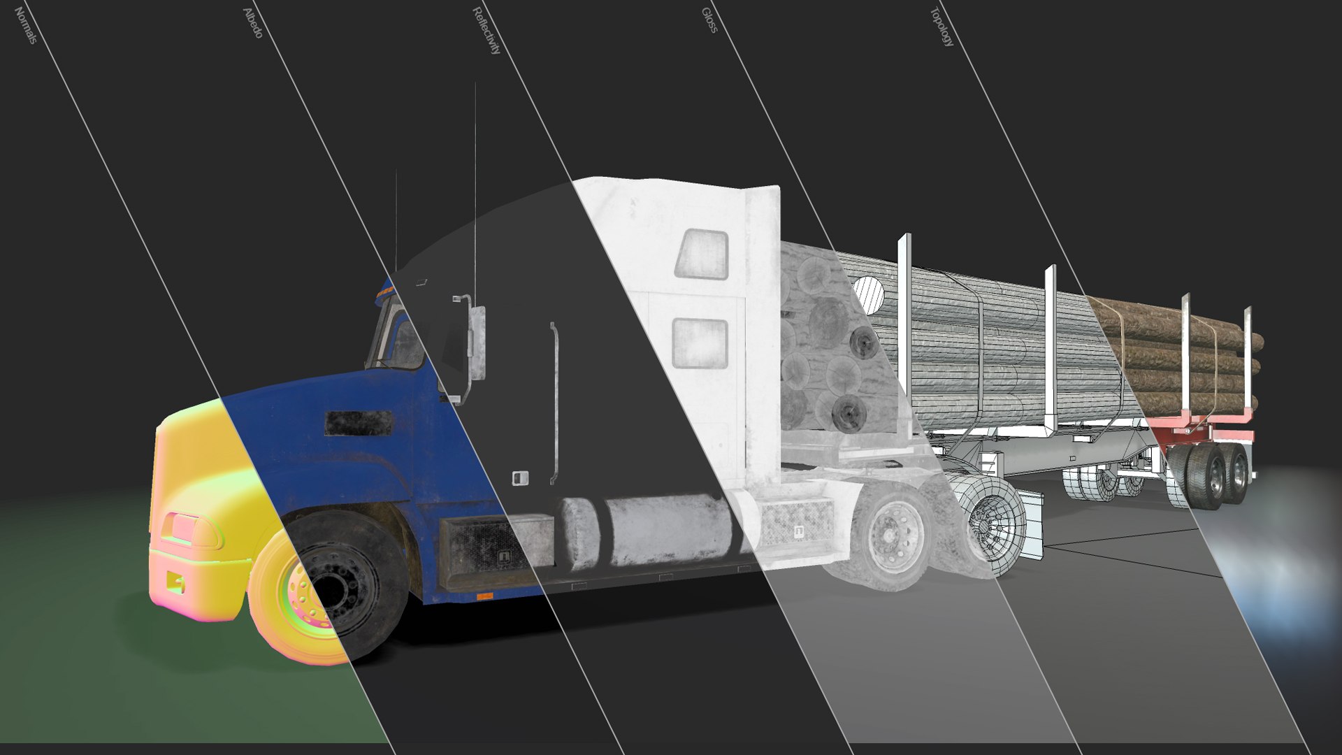 Semi Truck Log Trailer - Low Poly 3D model https://p.turbosquid.com/ts-thumb/eU/43dqIv/Vk/semitruckloggingtrailer_textures/jpg/1627726836/1920x1080/fit_q87/4e4be768777a348877f8c1e30f7050e885138766/semitruckloggingtrailer_textures.jpg