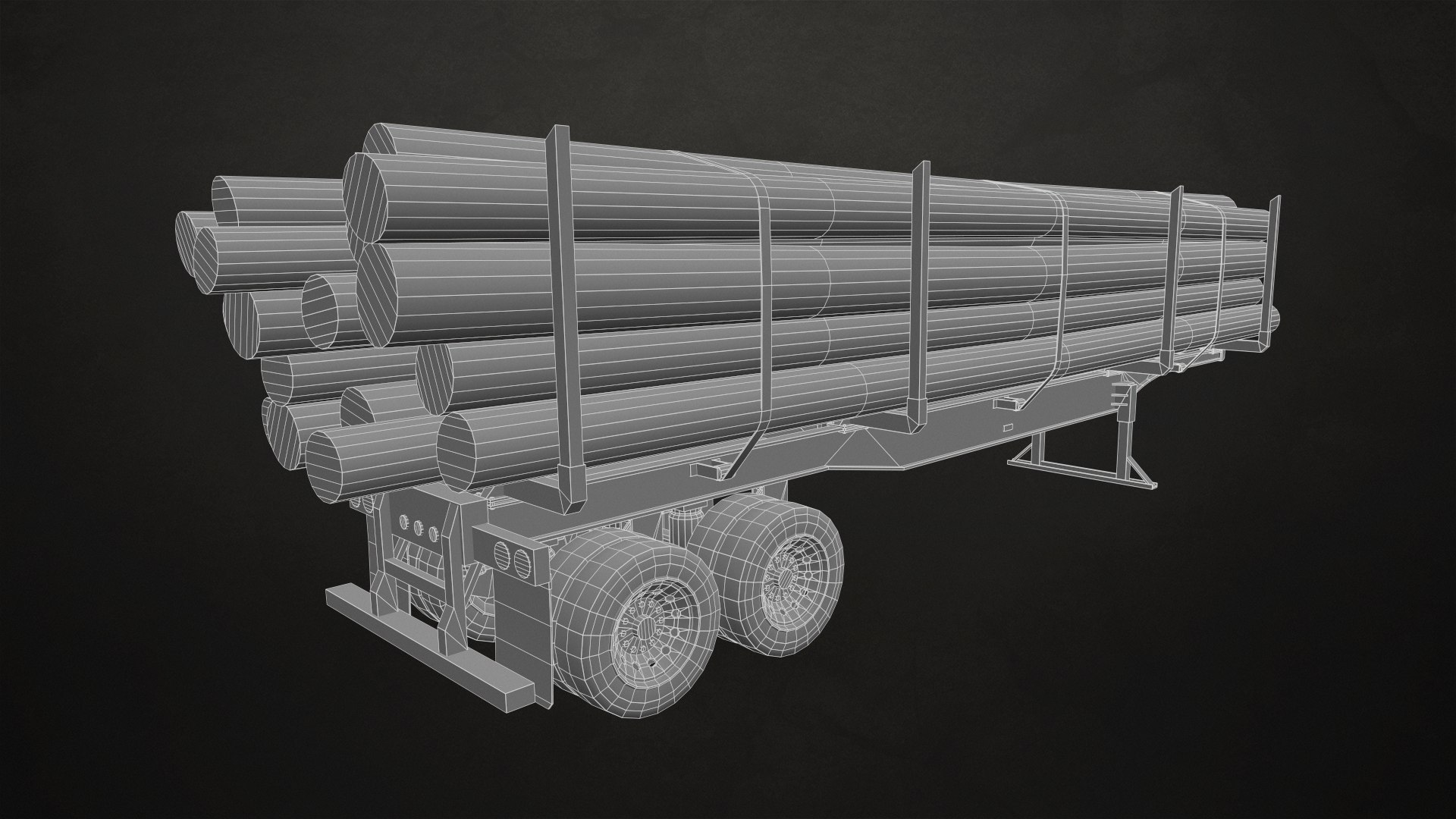 Semi Truck Log Trailer - Low Poly 3D model https://p.turbosquid.com/ts-thumb/eU/43dqIv/WD/loggingtrailer_wireframe3/png/1627726832/1920x1080/fit_q87/0c950aecc5764a6d3fc6b506d22259bfe67486a3/loggingtrailer_wireframe3.jpg