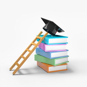 3D Illustration of stack of books and bachelor hat with higher education concept