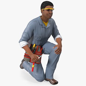 3D Light Skin Black Man Electrician Inspecting Pose